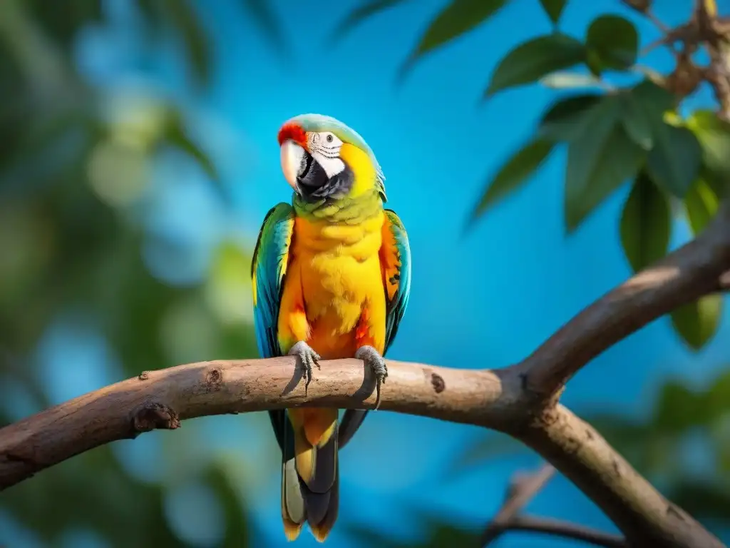 Espléndido loro en rama: plumaje vibrante bajo la luz Un loro colorido posado en una rama, plumaje vibrante bajo la luz solar