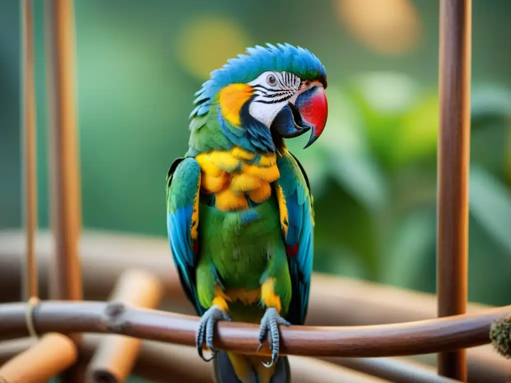Conmovedora imagen de loro ansioso en jaula enriquecida Un loro colorido muestra signos de ansiedad por separación en su jaula