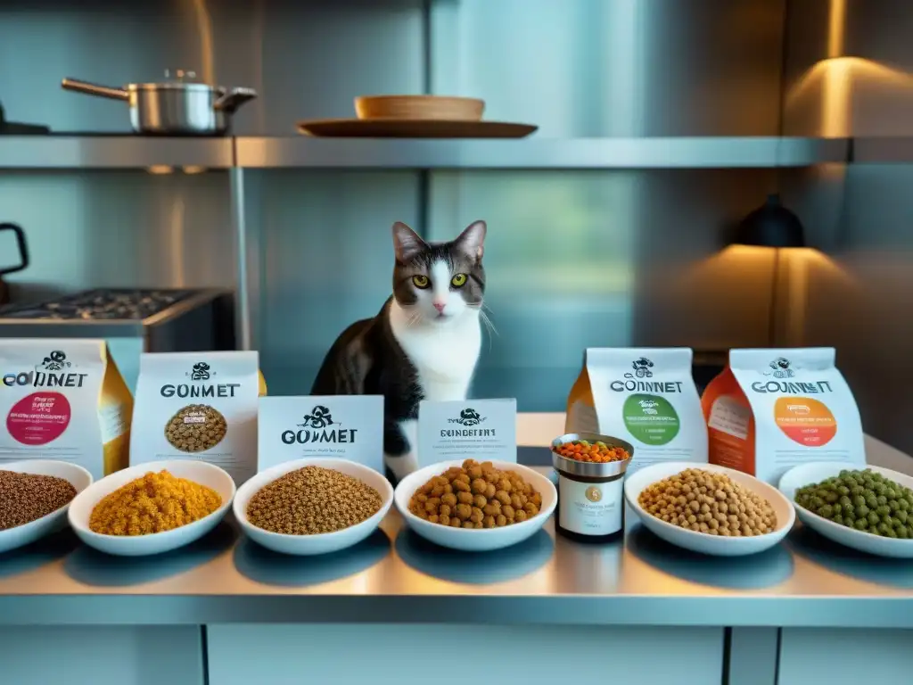 Exquisita selección de gourmet para gatos en cocina moderna Una lujosa cocina con el mejor alimento gourmet para gatos especiales, presentado con elegancia y detalle