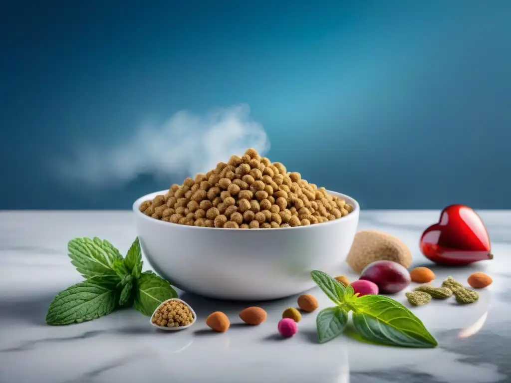 Una lujosa presentación de alimentos gourmet para perros en mármol blanco