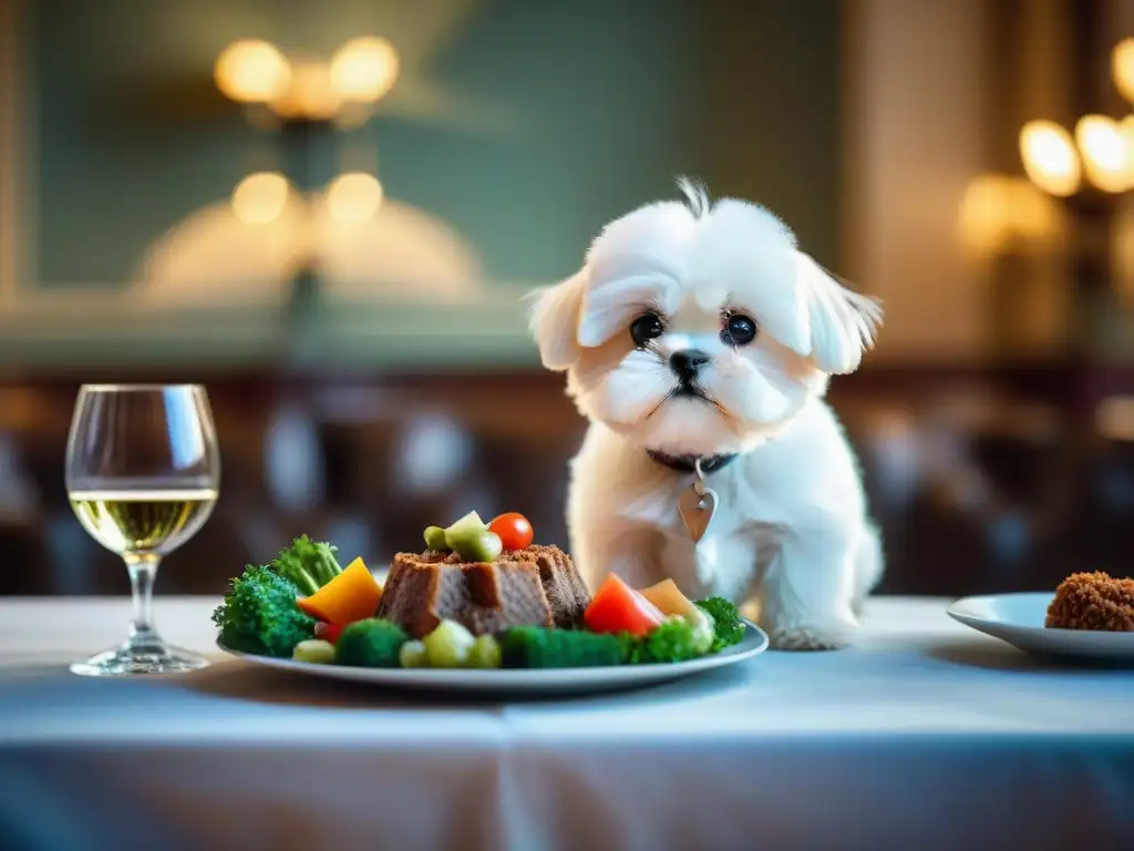 Lujo canino: Maltese disfruta de exquisita cena gourmet para razas pequeñas Un lujoso banquete gourmet para razas pequeñas: un Maltese blanco disfrutando de un exquisito platillo delicadamente preparado