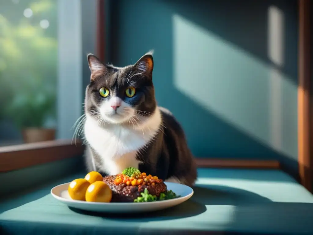 Retrato documental de felino majestuoso disfrutando de su comida cruda Un majestuoso gato consumiendo una comida cruda, con ojos penetrantes, en un entorno natural