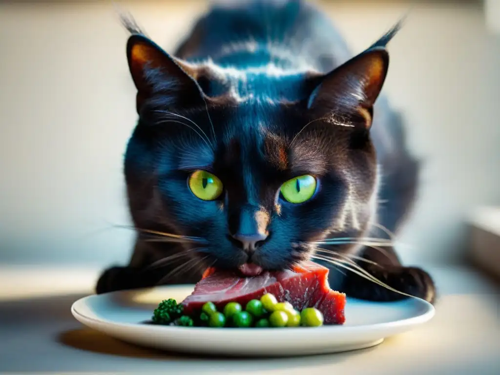 Instintos felinos: gato negro curioso olfateando carne cruda Un majestuoso gato negro con ojos verdes vibrantes, cauteloso y curioso al oler carne cruda en un plato blanco