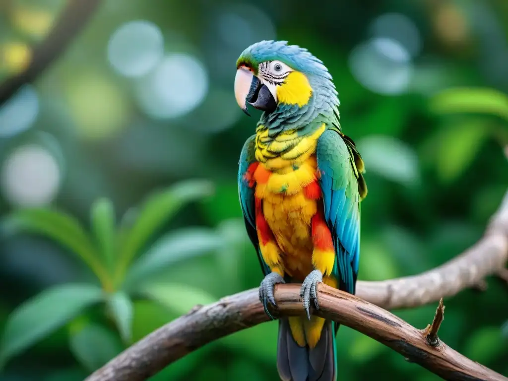 Detalle asombroso: majestuoso loro colorido en la selva Un majestuoso loro colorido en la selva, con plumas vibrantes y patrones intrincados