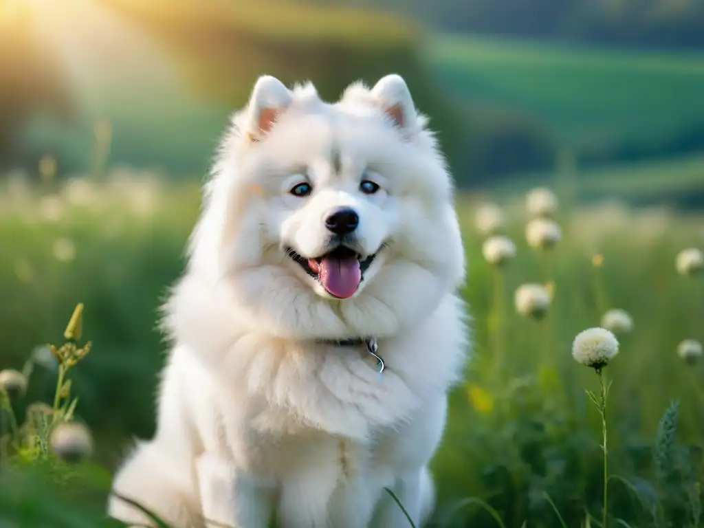 Un majestuoso Samoyedo blanco en un campo verde, irradiando vitalidad bajo el sol, rodeado de flores silvestres