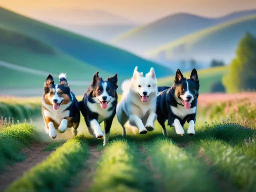 Manada de perros atléticos corriendo libres en campo verde Manada de perros deportistas corriendo felices en campo verde bajo el sol, demostrando vitalidad