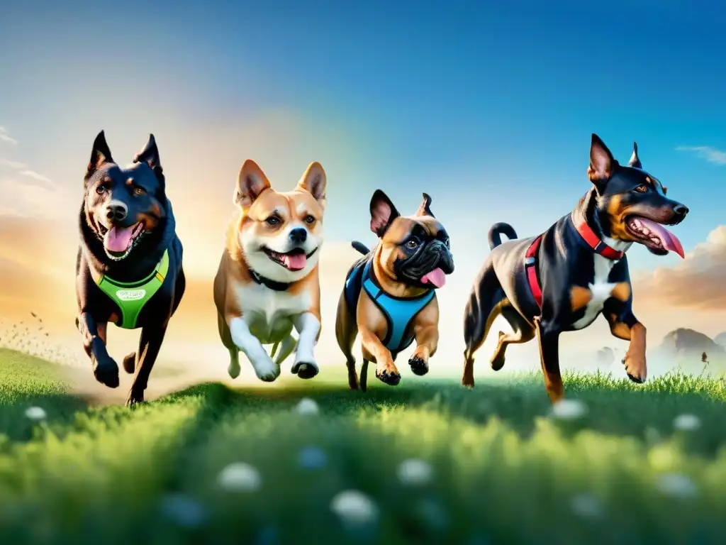 Perros activos y saludables: corriendo con trackers de actividad Una manada de perros enérgicos de diferentes razas, con rastreadores de actividad, corre alegremente por un campo verde bajo un cielo azul claro