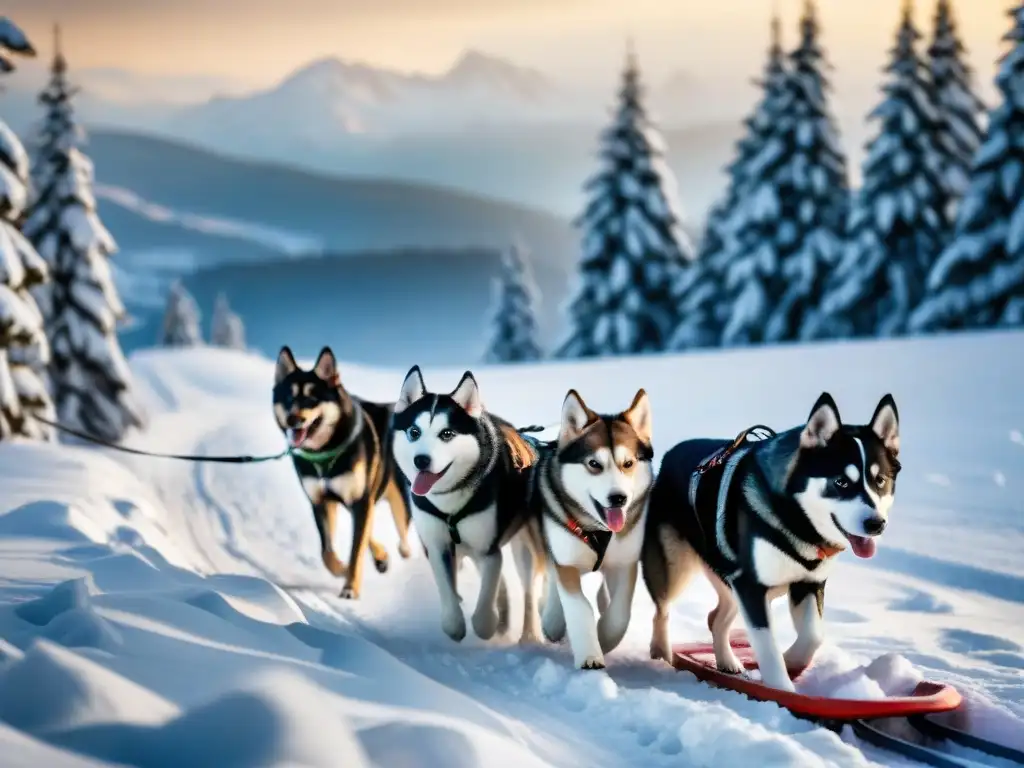 Equipo de perros de trabajo tirando de un trineo en la nieve Una manada de perros de trabajo, como huskies o pastor alemán, tirando de un trineo en un paisaje nevado