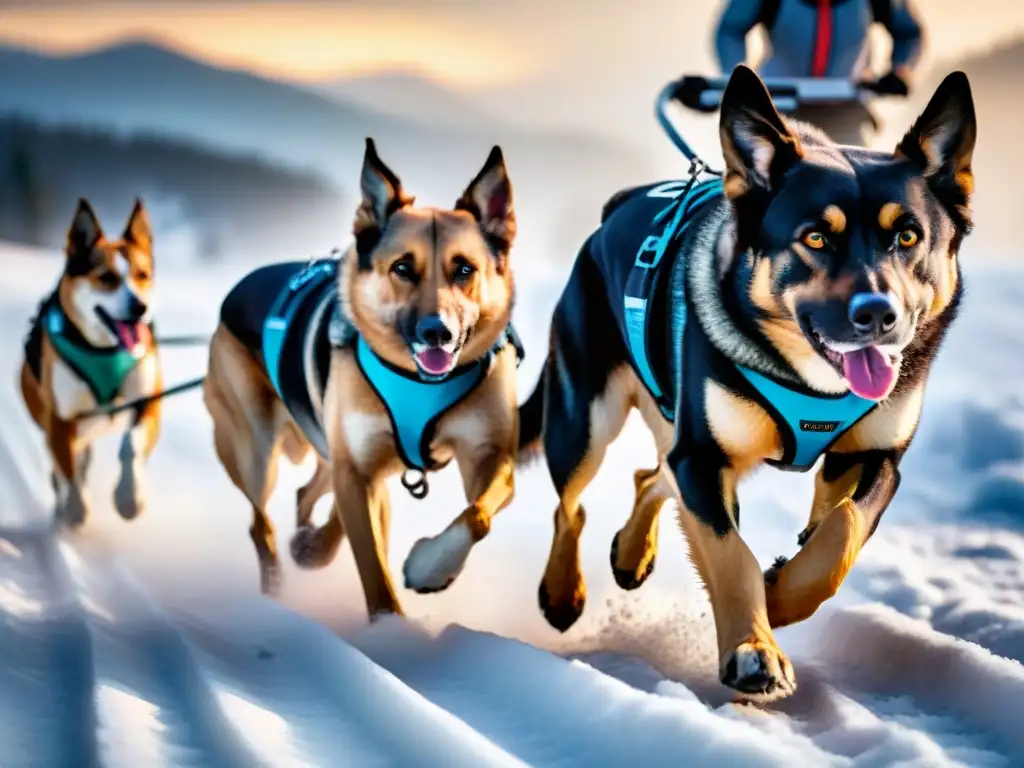 Equipo de perros de trabajo en acción bajo el amanecer nevado Una manada de perros de trabajo con pelaje brillante y ojos vivaces, tirando en equipo de un trineo en un paisaje nevado al amanecer
