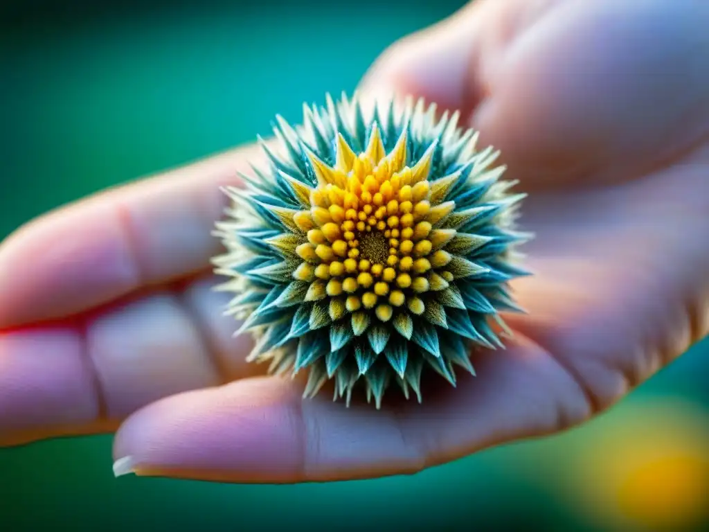 Detalles asombrosos: mano sostiene grano de polen en laboratorio Mano sosteniendo grano de polen con detalles microscópicos y fondo de laboratorio