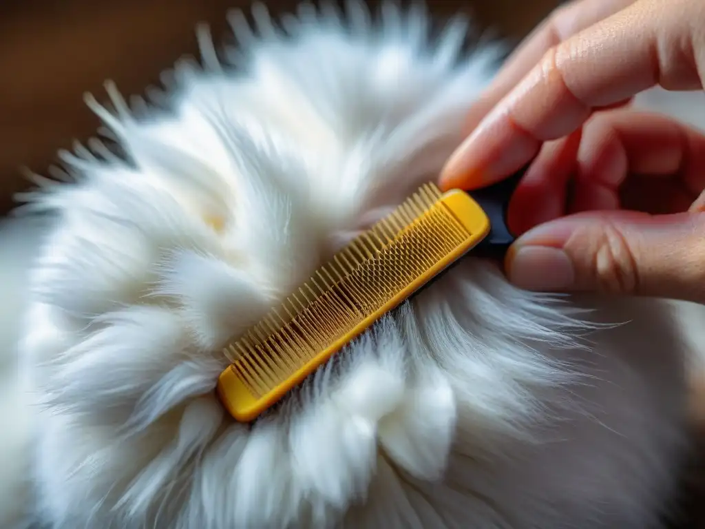 Eliminación de pulgas en gato blanco: detalle meticuloso y profesional Mano profesional controla pulgas en gato blanco con peine, en proceso meticuloso