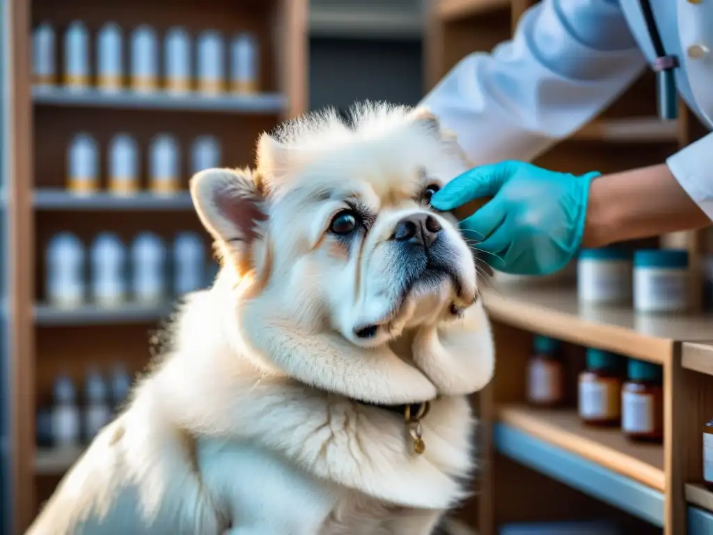 Aplicación precisa de spot-on en perro blanco en clínica veterinaria Mano de veterinario aplicando tratamiento antiparásitos a perro blanco en clínica veterinaria, prevención parásitos mascotas estación