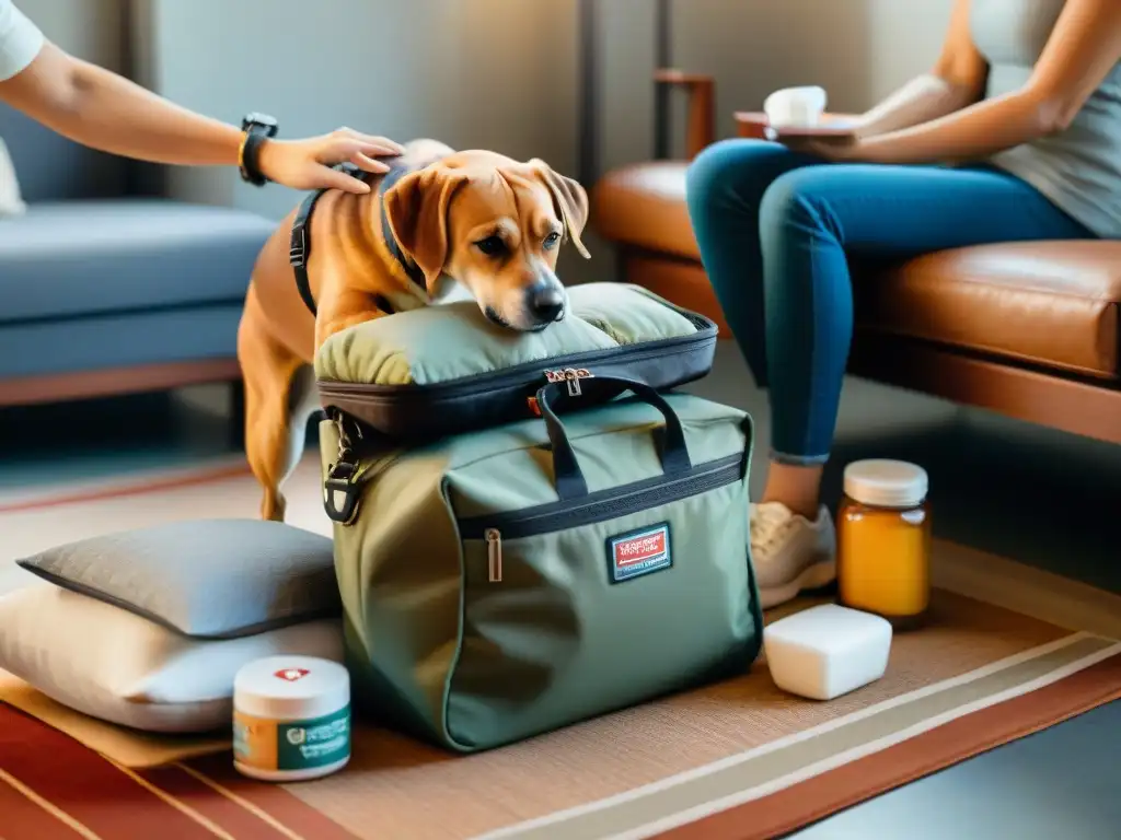 Preparación meticulosa del botiquín de viaje para tu mascota Manos preparando kit primeros auxilios mascotas viaje, con perro curioso observando, en acogedor salón iluminado