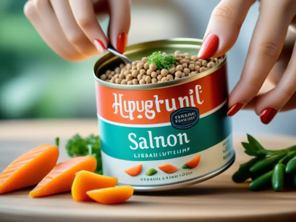 Delicada apertura de lata de comida premium para gatos, detalle exquisito Manos abren lata premium de comida para gato, en transición alimentos premium dieta gato