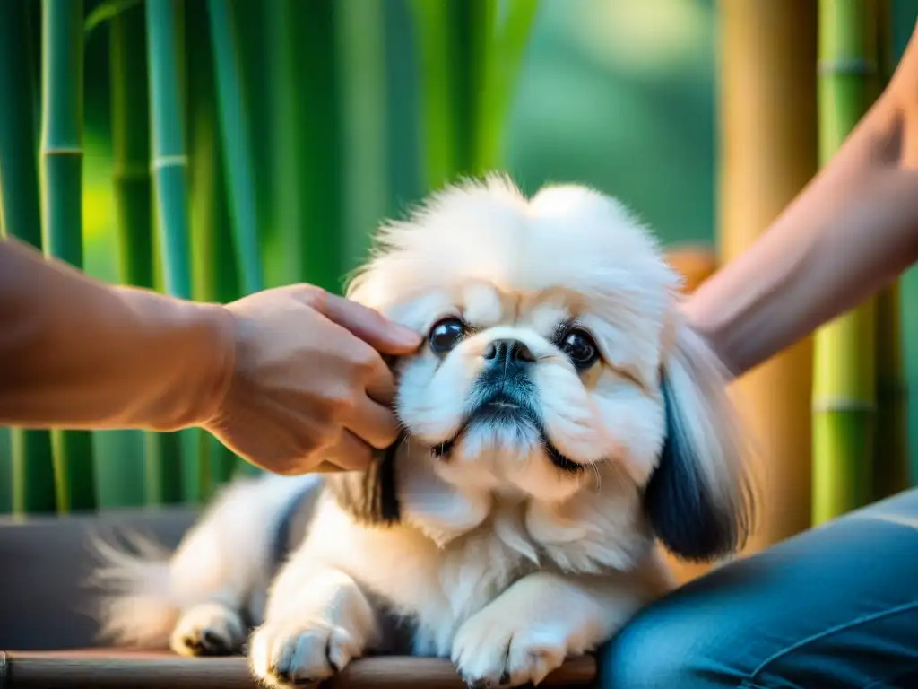 Vínculo amoroso: Cepillado sostenible de perro con bamboo Manos acariciando a un perro con un cepillo de bambú, reflejando cuidado y lazos con productos cuidado mascotas biodegradables