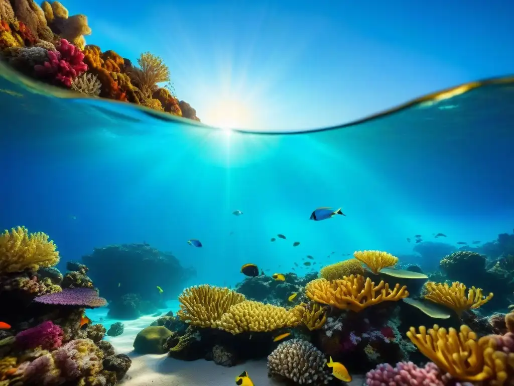Arrecife de coral vibrante: belleza submarina en alta definición Maravilloso arrecife de coral con peces coloridos y plantas marinas, bajo la luz dorada del sol