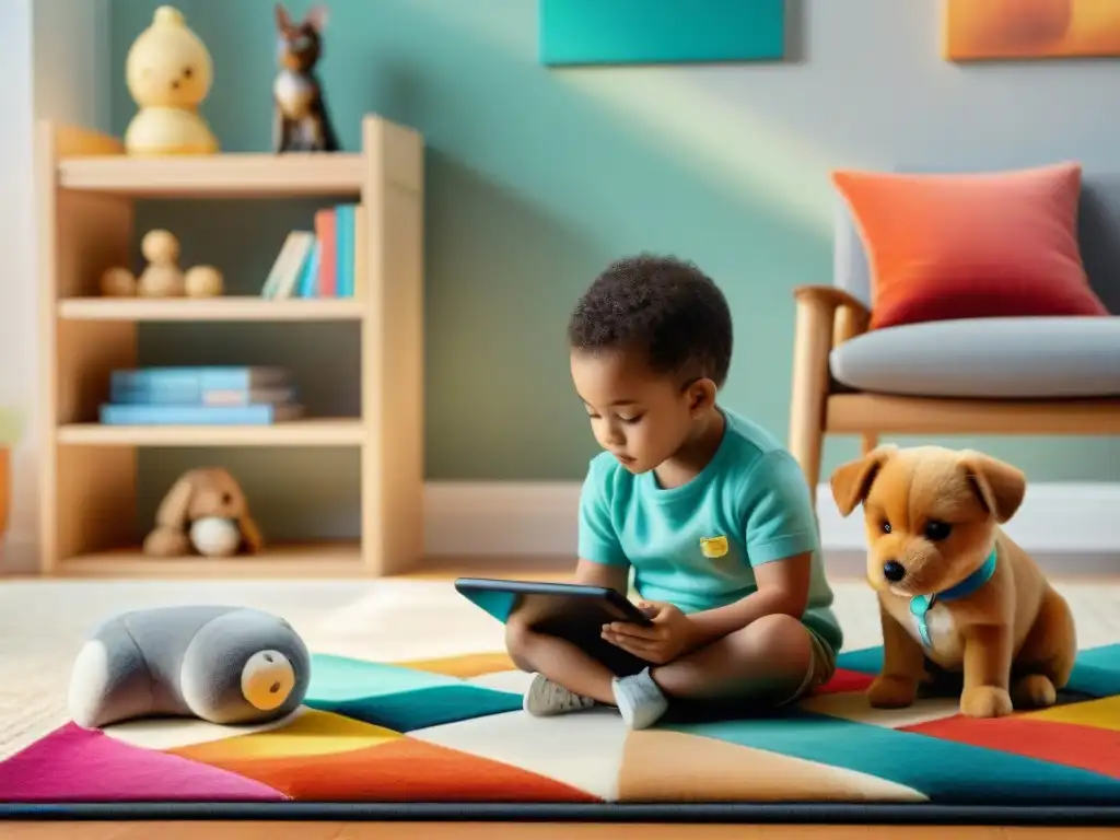 Aprendizaje interactivo para niños y mascotas en casa Niño y mascota interactúan con apps educativas en acogedor salón