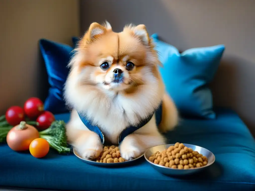 Un Pomerania mimado disfruta de alimentos gourmet en un cojín de terciopelo