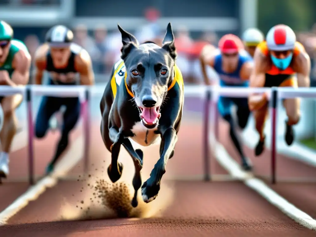 Mirada feroz: Galgo de carreras en acción Mirada concentrada de galgo compitiendo en pista, músculos poderosos y determinación