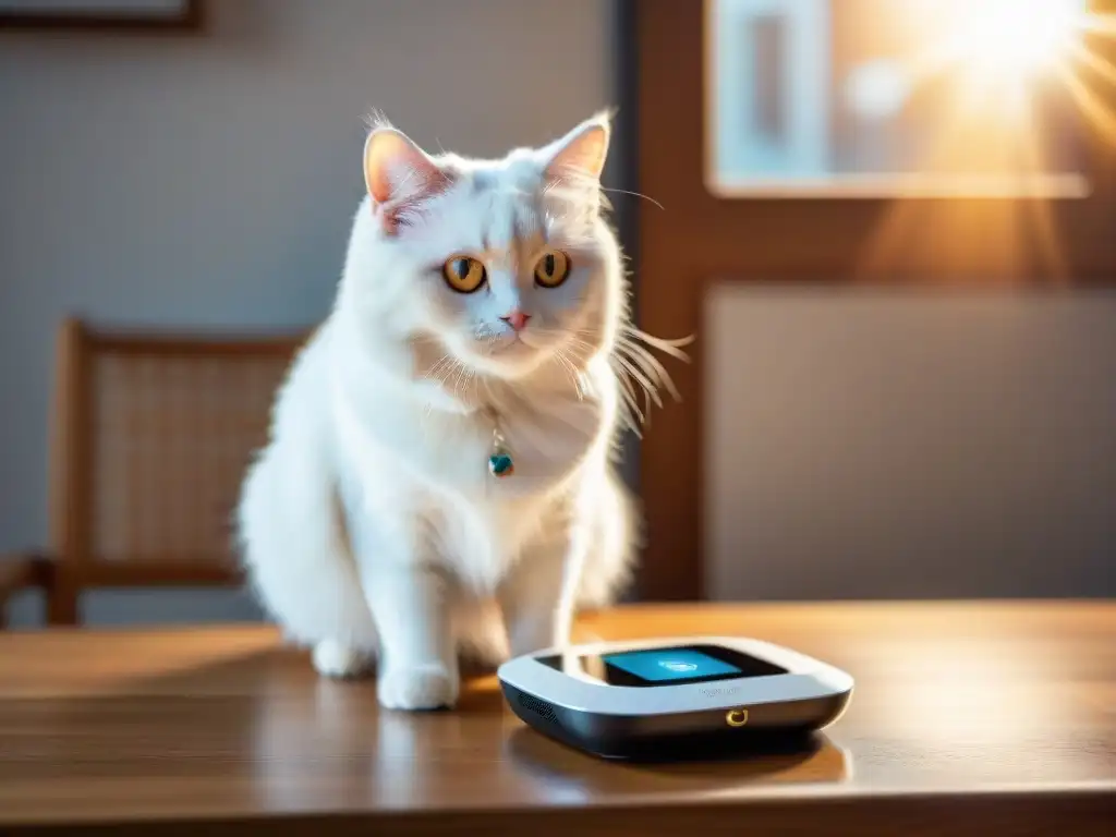 Monitor de salud para mascotas con gato blanco curioso Una moderna aplicación para monitorizar la salud de mascotas junto a un gato blanco curioso en una mesa de madera iluminada por el sol