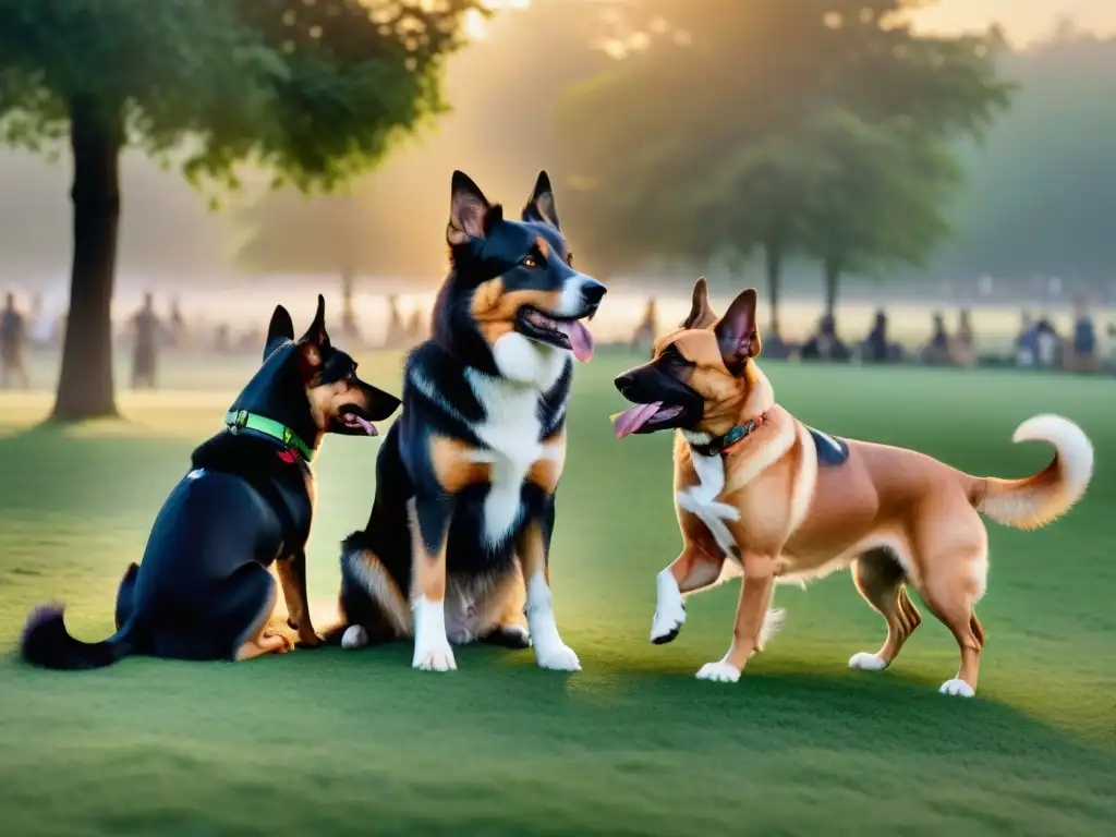 Perros de diferentes razas jugando en armonía al atardecer Un momento armonioso de socialización y alegría entre perros de diferentes razas jugando juntos en un parque, bajo la cálida luz dorada del atardecer
