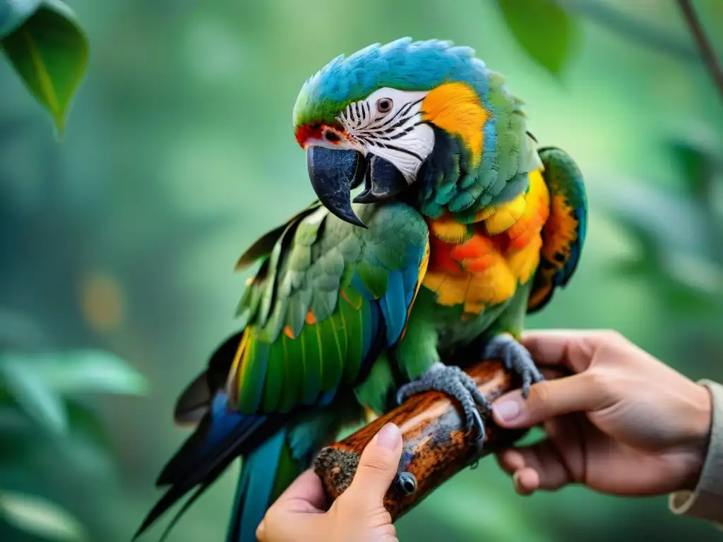 Vínculo sereno: manos alimentan a colorido loro en rama Un momento mágico de cuidado y conexión entre un humano y un loro colorido en un entorno natural