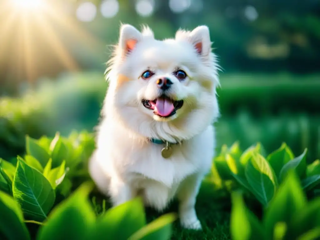 Champú biodegradable para mascotas: baño eco en jardín Un momento de puro cuidado: champú biodegradable baña a perrito blanco en jardín verde