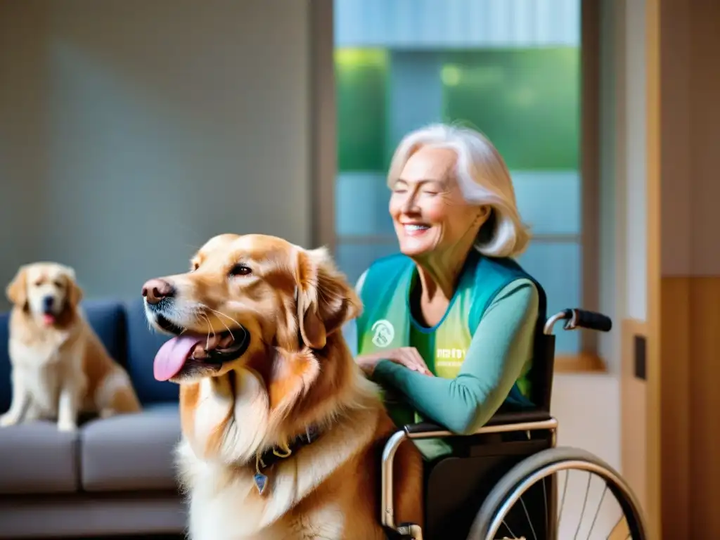 Una mujer mayor sonríe rodeada de perros de terapia