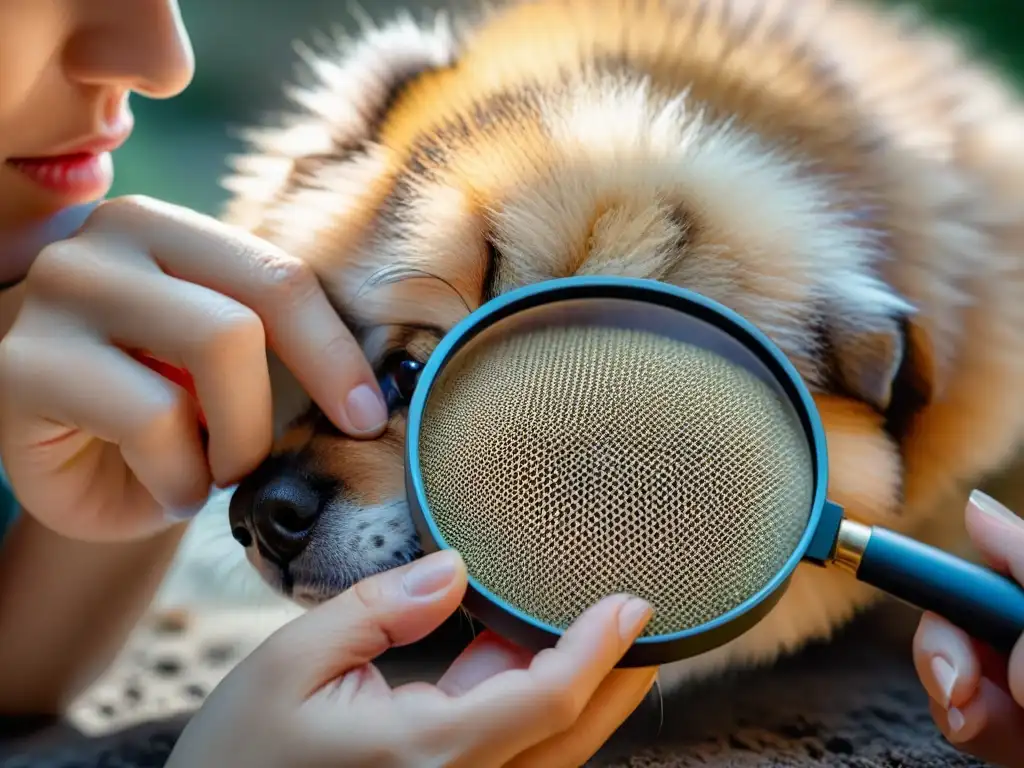 Inspección meticulosa: mujer cuidando pelaje de su mascota con lupa Mujer revisando minuciosamente el pelaje de su mascota en busca de picaduras de insectos
