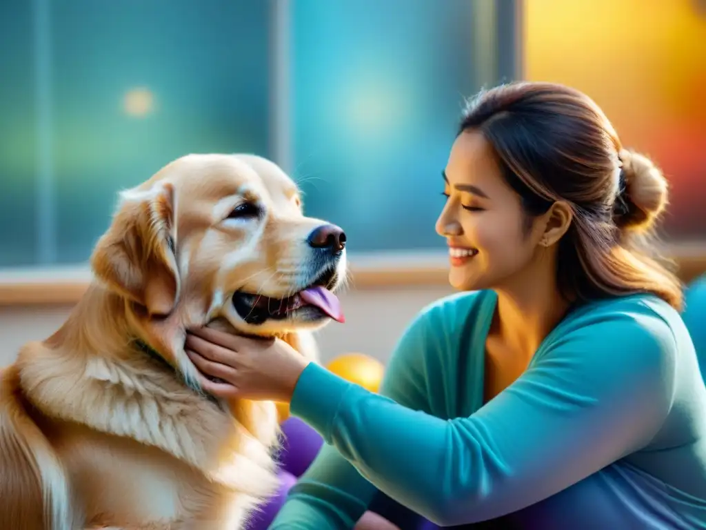 Un niño con autismo sonríe mientras un golden retriever lo reconforta en una sesión de terapias asistidas por animales, demostrando su efectividad