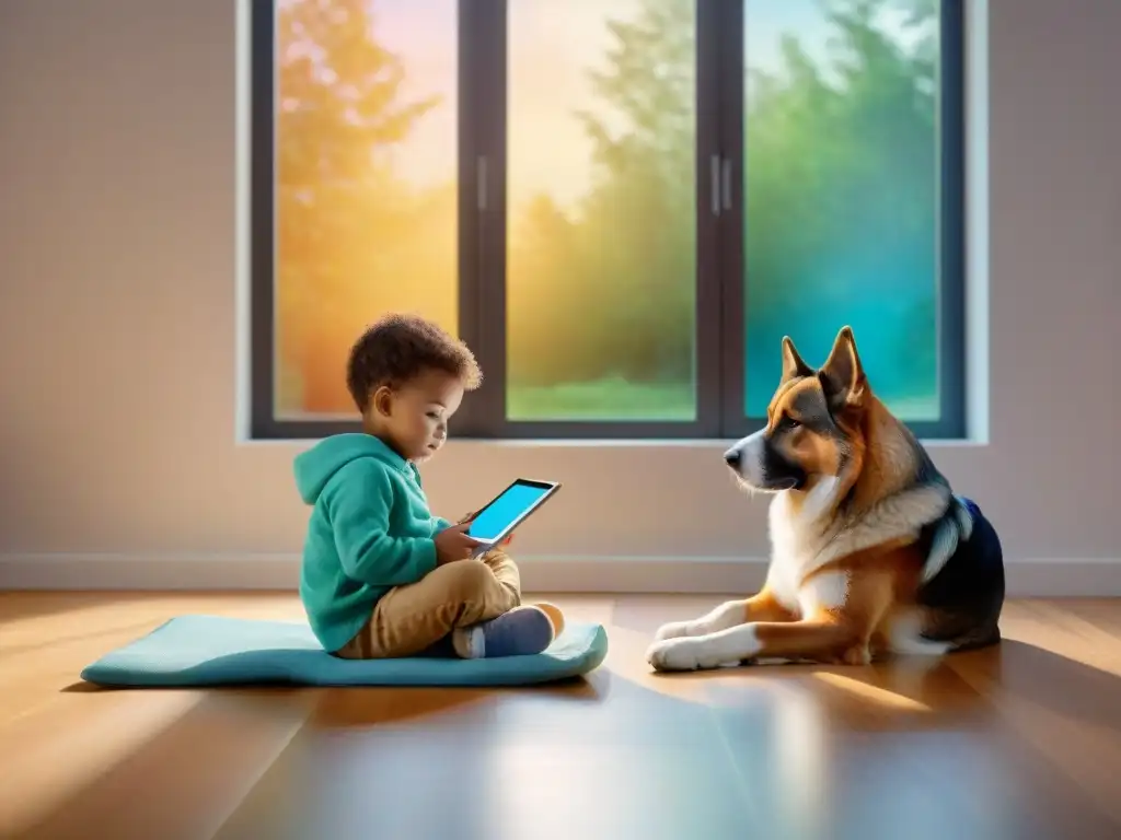 Aprendizaje compartido: niño y perro disfrutan de app educativa Un niño y su mascota aprenden juntos con apps educativas para mascotas y niños