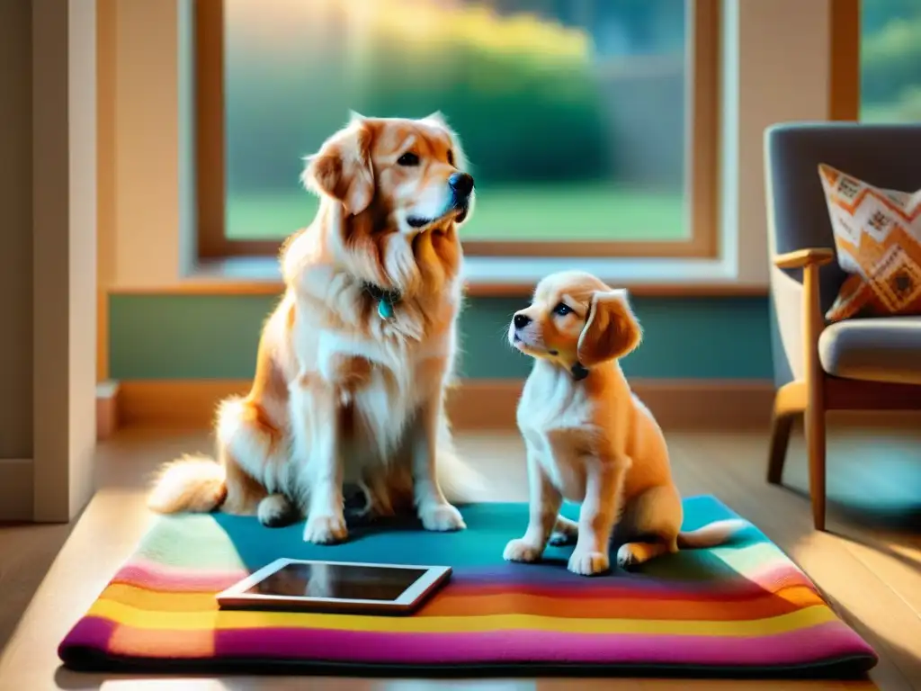 Niño y perro disfrutan app educativa con animales en hogar acogedor Un niño y un perro disfrutan de una app educativa juntos