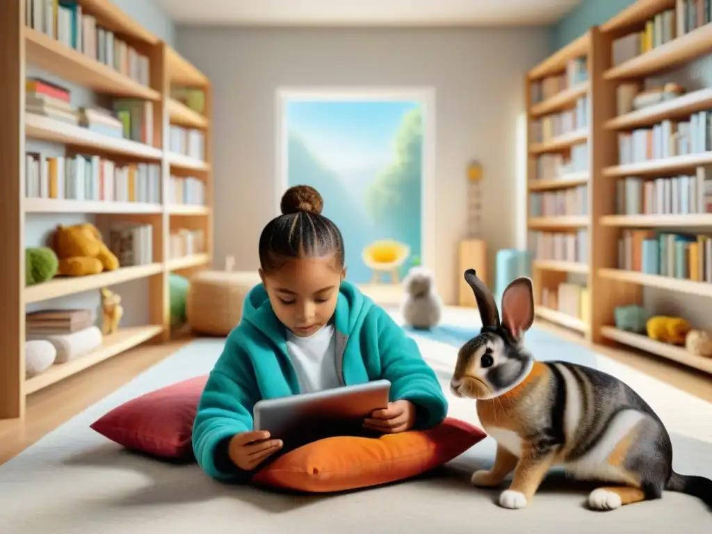 Niños y mascotas aprendiendo juntos en sala educativa Niños y mascotas disfrutan juntos de apps educativas en sala acogedora