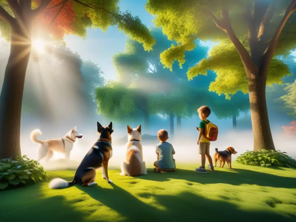 Juegos infantiles con perros en parque verde y soleado Niños y perros juegan felices en un parque verde bajo el cielo azul