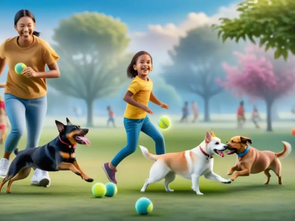 Diversión en el parque: niños jugando con perros Niños y perros juegan felices en un parque soleado con juguetes coloridos