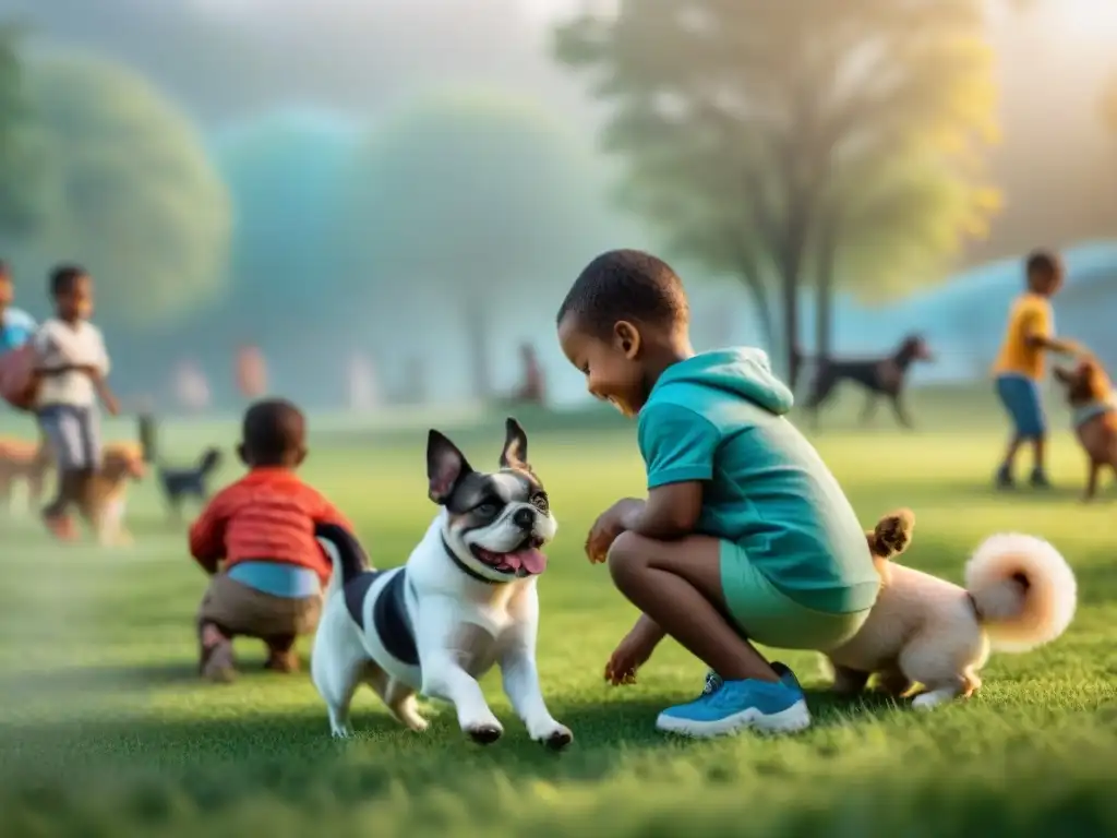 Niños felices jugando con perros en parque soleado Niños y perros disfrutan de juegos seguros en un parque soleado
