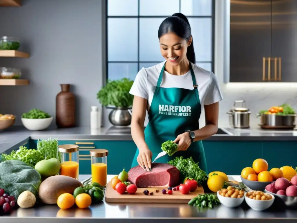Nutricionista de mascotas crea plan personalizado para perro saludable Nutricionista de mascotas elaborando comida preparada personalizada para perros con ingredientes frescos y coloridos en una cocina soleada