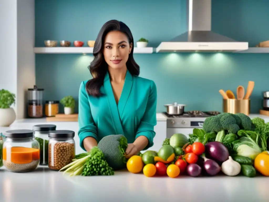Nutricionista de mascotas: experta en ingredientes frescos Una nutricionista de mascotas analiza ingredientes frescos en una cocina moderna y luminosa