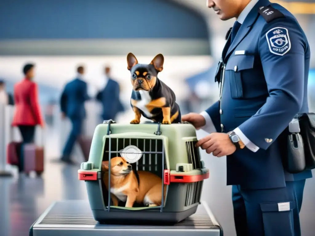 Oficial de aduanas revisando transportín de mascota en aeropuerto Un oficial de aduanas revisa una transportadora de mascotas en un aeropuerto, cumpliendo con las regulaciones internacionales viajes mascotas