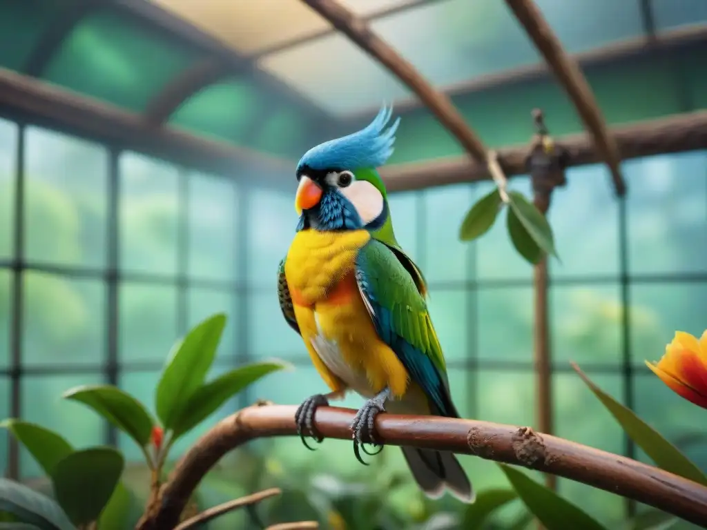 Aves exóticas en aviario: plumajes únicos y interacciones sociales Un paraíso de aves mascotas coloridas interactuando en un aviario, resaltando la importancia de la socialización