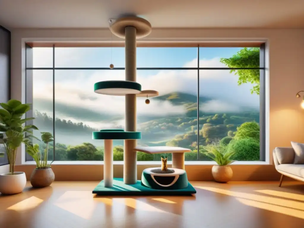 Un paraíso de enriquecimiento ambiental felino saludable en un árbol rascador moderno y elegante, rodeado de juguetes y estructuras de juego