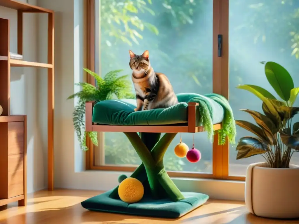 Un paraíso felino de enriquecimiento ambiental saludable con un gato tabby relajado al sol