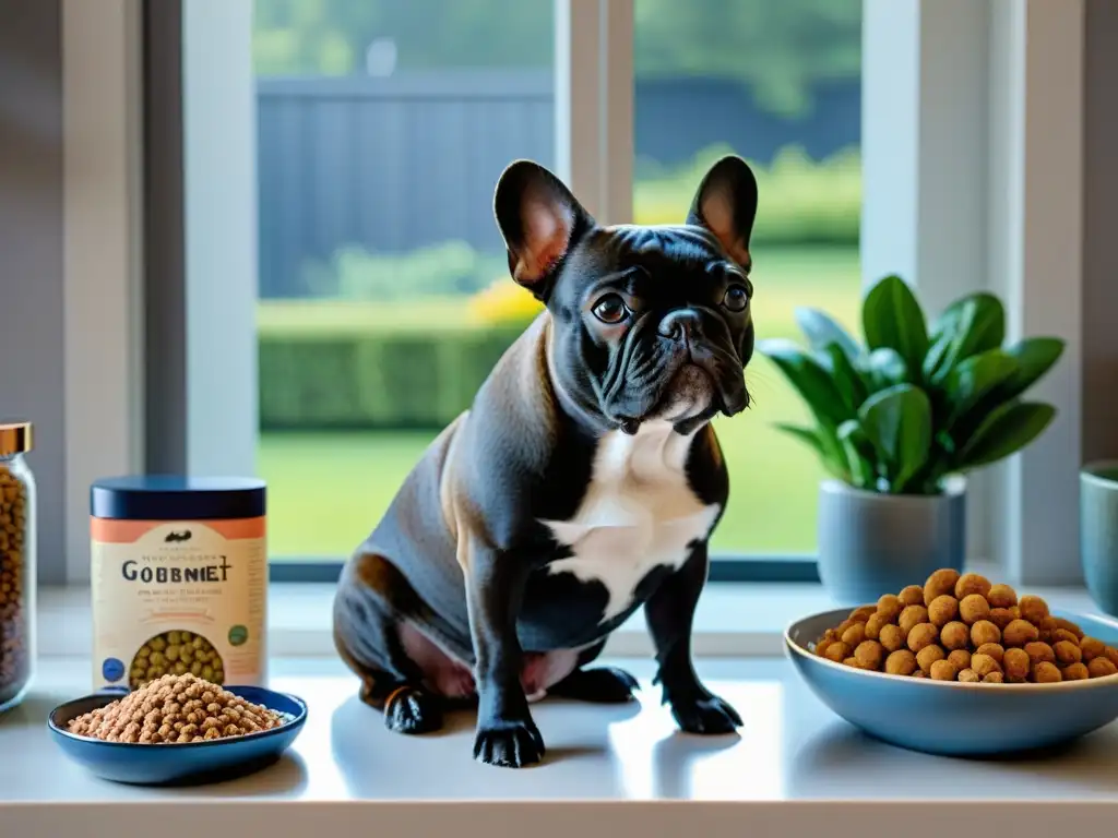 French Bulldog gourmet: lujo en detalle Un pequeño y elegante Bulldog Francés junto a un tazón de alimentos gourmet para razas pequeñas en una cocina sofisticada