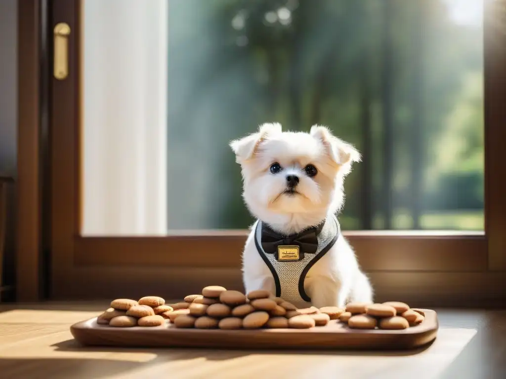 Un perrito blanco y esponjoso rodeado de golosinas gourmet, en un ambiente elegante y sereno