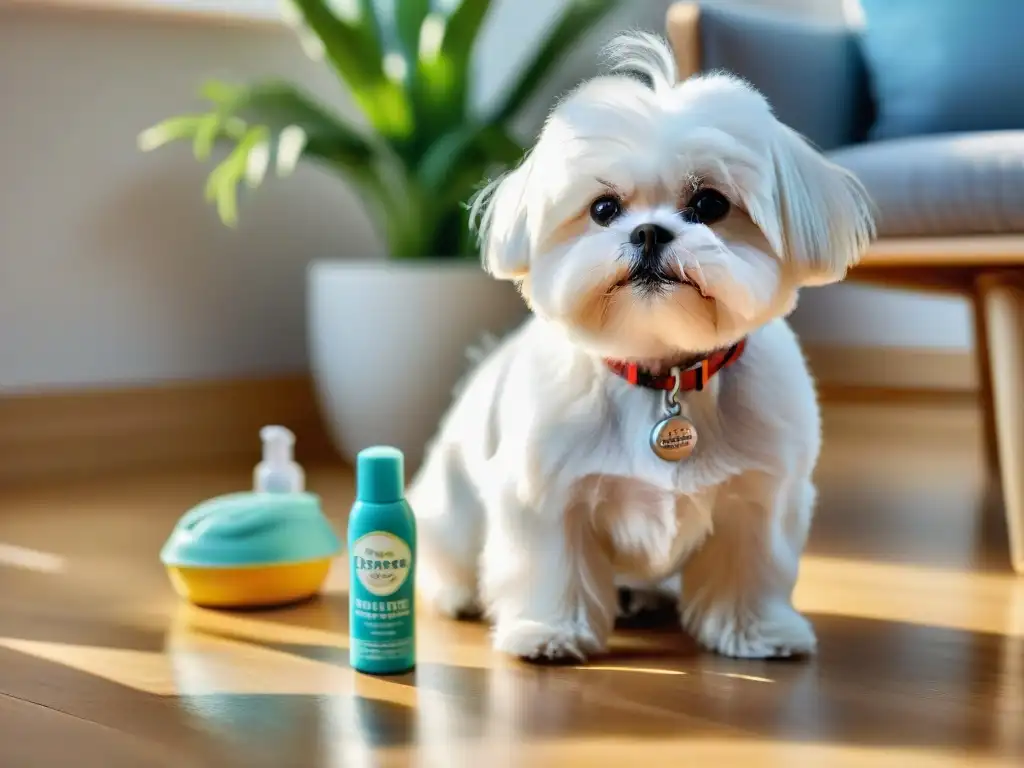 Maltese blanco jugando con limpiador eco-friendly Un perrito Maltese blanco juega feliz con un spray de limpieza ecológico, rodeado de superficies relucientes