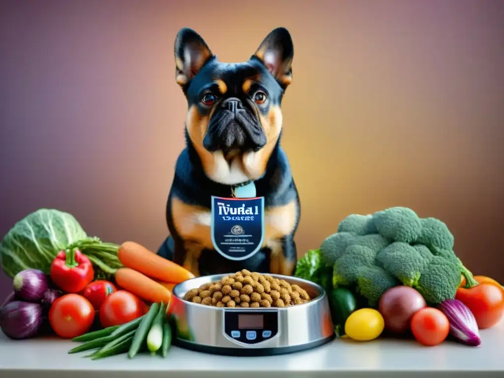 Dieta equilibrada para perros: ¡Salud en cada bocado! Un perro adulto contento frente a una porción medida de comida balanceada, rodeado de vegetales frescos y agua limpia