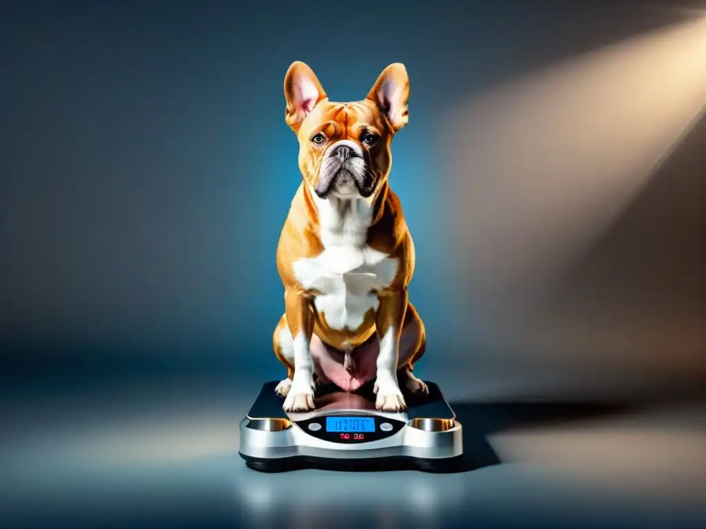 Perro adulto en balanza digital: peso ideal y mirada alerta Perro adulto musculoso en balanza digital, reflejando la importancia del control de porciones en perros adultos