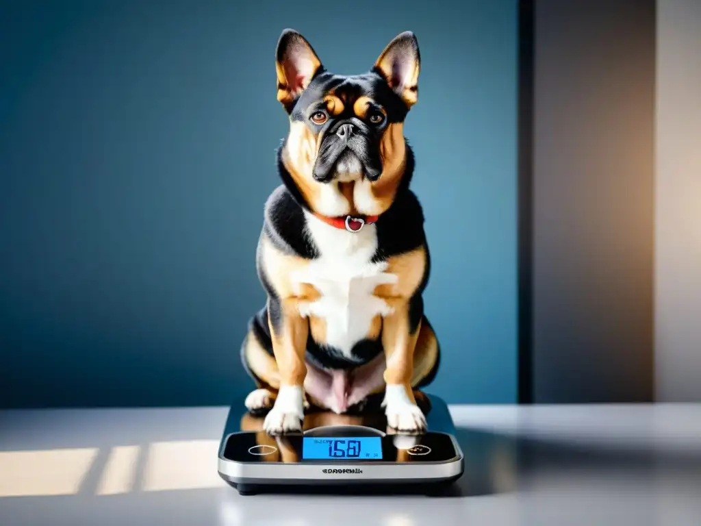 Peso ideal: Perro feliz en balanza digital en clínica veterinaria Perro adulto sano en balanza digital con mirada de felicidad