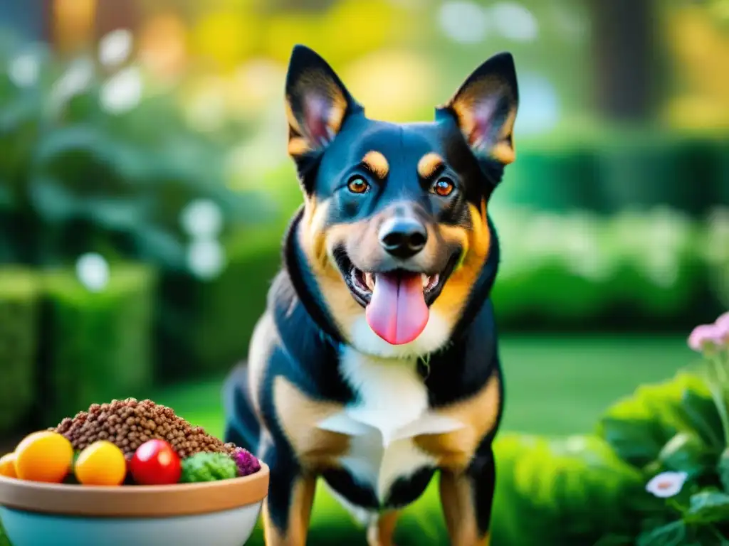 Perro feliz disfrutando comida vegetariana en jardín sereno Un perro feliz come alimentos vegetarianos para mascotas seguros en un jardín tranquilo y colorido