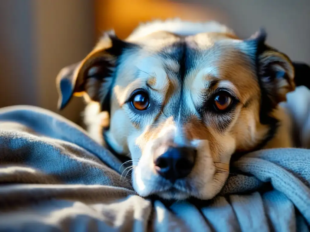 Retrato conmovedor de un sabio perro mayor descansando Un perro anciano y sabio descansa pacíficamente en una manta suave, con ojos nublados y hocico gris